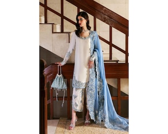 Handgemachte Rohseide bestickte pakistanische Outfit: Elegante Abendgarderobe