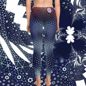 May include: Blue leggings with a geometric pattern of white and light blue dots and shapes. The pattern fades from a darker blue at the top to a lighter blue at the bottom.