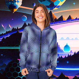 May include: A blue zip-up hoodie with a white and blue geometric pattern. The hoodie has a hood and a zipper closure.
