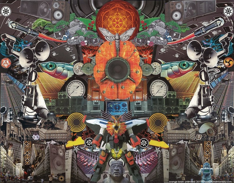 以下が含まれることがあります： 中央に黒色の中心を持つ大きなオレンジ色の花のようなデザインの画像を特徴とするカラフルなコラージュ。コラージュは、スピーカー、マイク、その他の電子機器など、さまざまな画像でいっぱいです。画像の下部に「orange brain unlimited 2011」というテキストが表示されています。