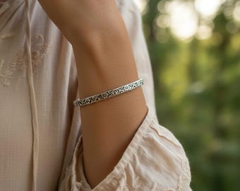 Sterling Silver Floral Engraved Bangle Bracelet | Minimalist Handmade Jewelry