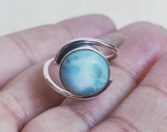 Larimar Ring, Handmade Silver Ring, Natural Blue Larimar Jewelry, Ocean Stone Ring, Adjustable Gemstone Ring for Women