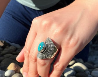 Turquoise Ring Sterling Silver | Vintage Boho Statement Jewelry | Oval Gemstone Ring Handmade Gift for Women