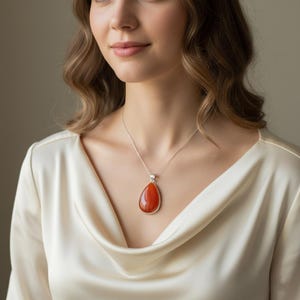 May include: A silver necklace with a teardrop-shaped, orange-red pendant. The pendant is set in a silver bezel and hangs from a delicate silver chain. The necklace is displayed on a person wearing a cream-colored satin top.