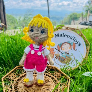 Handmade Crochet Girl Doll – Blonde Hair, Pink Overalls – Soft Toy, Nursery Decor, Amigurumi Gift