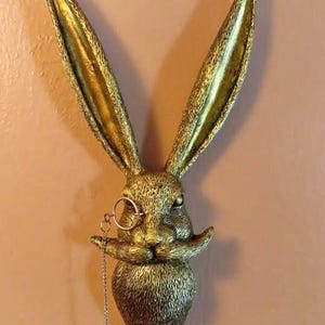 Vintage Gold Rabbit Wall Sculpture, Antique 16” Animal Head Décor with Monocle Chain, Lightweight PU Art, Whimsical Woodland Wall Mount