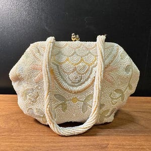 Vintage DeLill Japan Perlen Abendtasche, Handgefertigte Perlen Clutch mit Blumenmuster, Creme Pastell Geldbörse 1950er Jahre, Antikes formelles Braut Accessoire