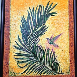 Hummingbird Leaf Painting Original Oil on Canvas, Tropical Wall Art,  Framed Botanical Art Signed by Artist, 21x17 Nature Wall Decor
