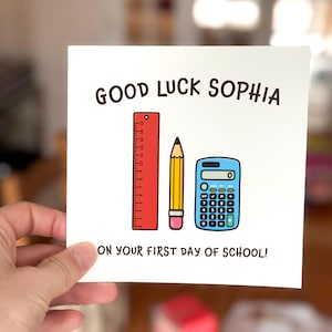 Personalised First Day of School Card, Good Luck Card for Kids, Custom Name Back to School Card, Cute Pencil and Calculator Design