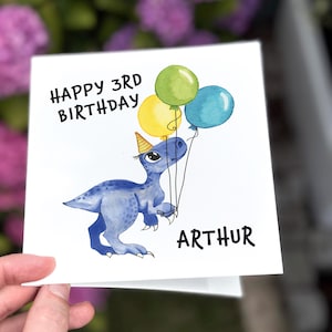 Dinosaur 3rd Birthday Card, Personalised Toddler Birthday Card, Blue Dino Card for Boy, 3rd Birthday Card Son, Grandson, Nephew
