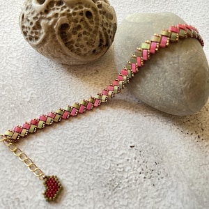 Bracelet boho Japanese beads Half Tila, minimalist modern jewerly with Heart Charm, girlfriend gift