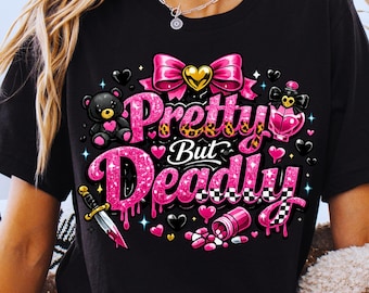 Bonita pero mortal PNG, diseño gótico coqueto, gráfico de lazo rosa, linda pero peligrosa, estética Y2K, descarga de PNG para camisetas de sublimación