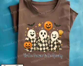 Retro Checkered Ghosts PNG – Halloween Cute Spooky Season Digital Download