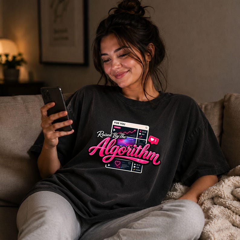 Lifestyle mockup featuring Raised By The Algorithm graphic design in a cozy scrolling environment.