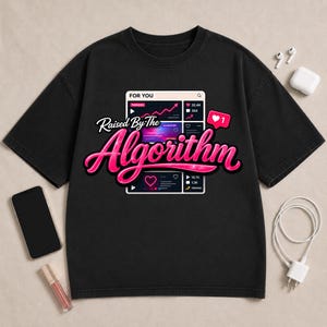 Flat lay mockup showcasing Raised By The Algorithm graphic design with digital accessories and workspace props.