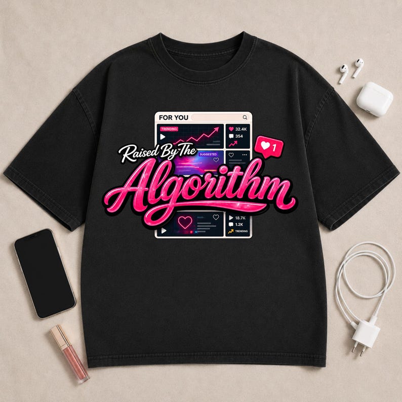 Flat lay mockup showcasing Raised By The Algorithm graphic design with digital accessories and workspace props.