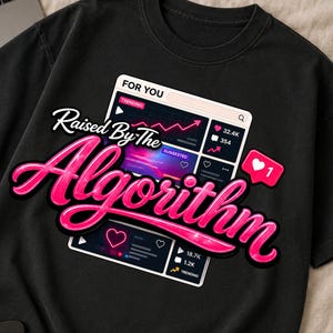 Close-up shirt mockup displaying Raised By The Algorithm typography and algorithm-inspired design elements.