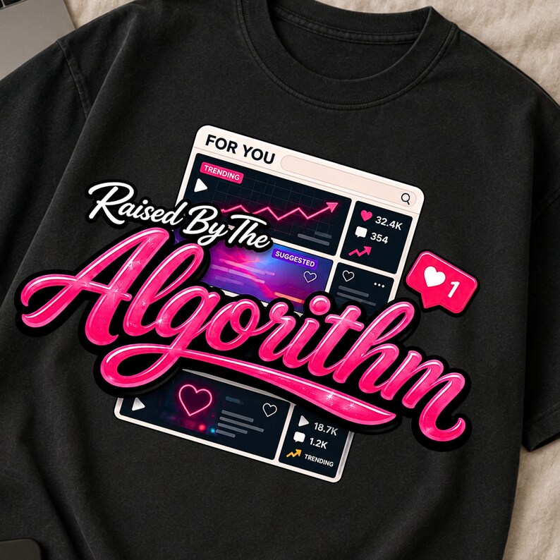 Close-up shirt mockup displaying Raised By The Algorithm typography and algorithm-inspired design elements.