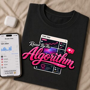 Flat lay mockup displaying Raised By The Algorithm shirt design alongside smartphone screen elements.