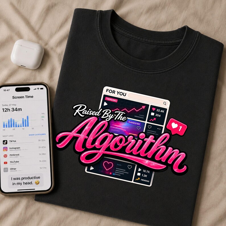 Flat lay mockup displaying Raised By The Algorithm shirt design alongside smartphone screen elements.