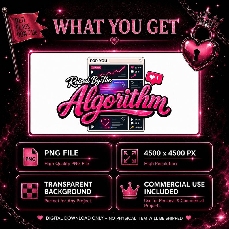 What You Get image displaying Raised By The Algorithm PNG instant download details and file specifications.