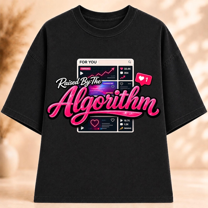 Raised By The Algorithm PNG design displayed on a black t-shirt mockup with hot pink typography and social media themed graphics.