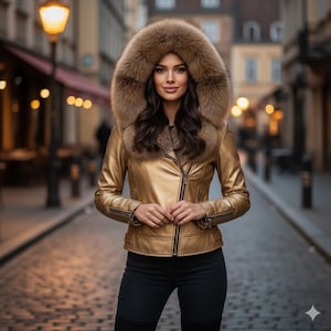 Peut inclure: Veste en cuir dorée avec une capuche bordée de fourrure. La veste est dotée d'une fermeture éclair et de poches. La personne porte un pantalon noir. En arrière-plan, une rue de la ville avec des bâtiments et des lampadaires flous.