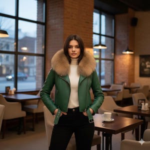May include: A green leather jacket with a tan fur collar. The jacket features a classic biker style with a belted waist and silver hardware. The person is wearing a white roll-neck and black trousers. The background is a cafe setting.