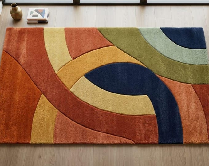 Featured listing image: Hand Tufted Wool Rug, Mid Century Modern Abstract Geometric, Rust Sage Home Decor