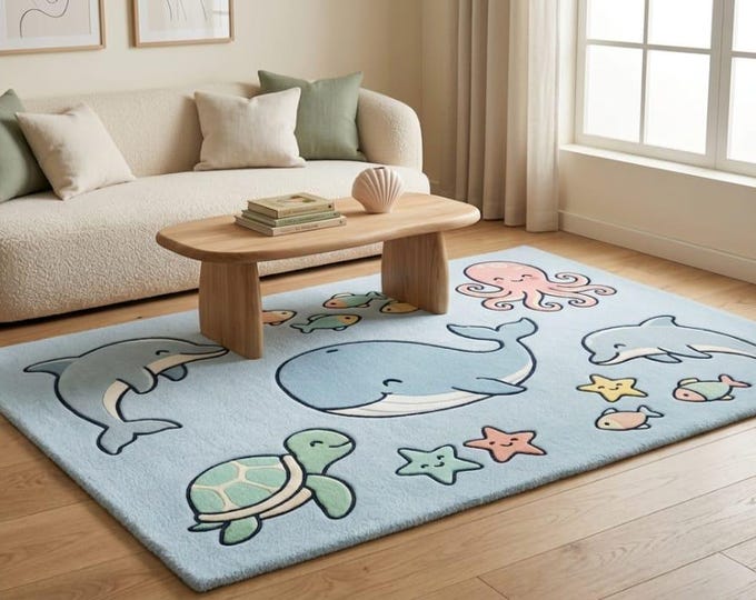 Featured listing image: Ocean Kids Rug, Sea Animal Nursery Rug, Dolphin Whale Turtle Playroom Carpet, Handmade Kids Room Decor, Baby Room Mat