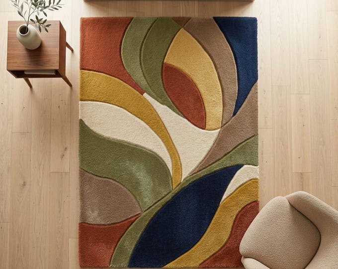 Featured listing image: Hand Tufted 3D Wool Rug | Abstract Earth Tone Carpet for Living Room