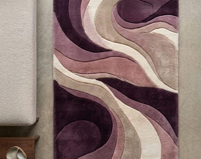 Featured listing image: Aurora Sculpted Wool Rug – Hand-Tufted Abstract Wave Plum Mauve Carpet