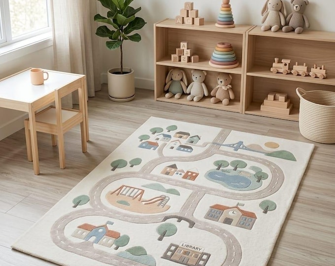 Featured listing image: Hand Tufted New Zealand Wool Town Map Playroom Rug, Scandinavian Kids Carpet