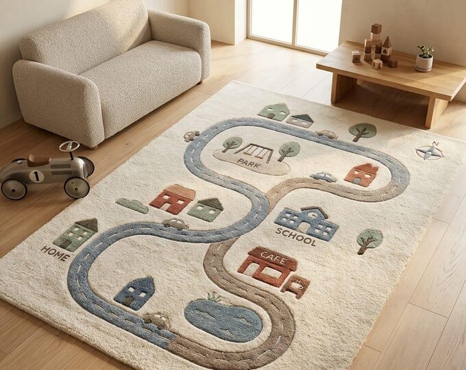 Featured listing image: Hand-Tufted Wool Play Road Map Rug – Sage Green, Cream Nursery Activity Decor