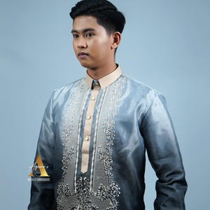 Barong Tagalog for Men | Piña Organza Monochromatic Midnight Blue - KAI0522 | Aquino&#39;s Artisan Embroidery | Proudly Made in the Philippines