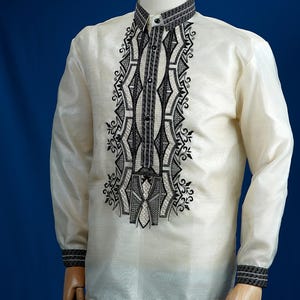 Barong Tagalog for Men | Piña Organza Sports Collar Black Embro - Isko2530 | Aquino&#39;s Artisan Embroidery | Proudly Made in the Philippines