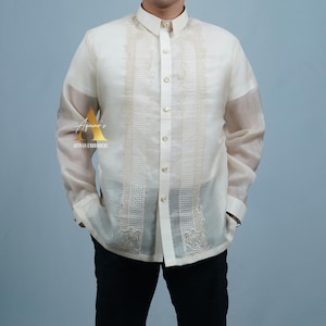 Barong Tagalog for Men | Piña Cocoon Sports Collar Full-Open - Arthur1522 | Aquino&#39;s Artisan Embroidery | Proudly Made in the Philippines