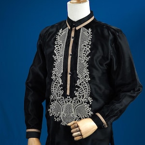 Barong Tagalog for Men | Black Organza Sports Collar - Armand25110 | Aquino&#39;s Artisan Embroidery | Proudly Made in the Philippines