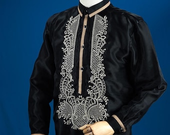 Barong Tagalog for Men | Black Organza Sports Collar - Armand25110 | Aquino's Artisan Embroidery | Proudly Made in the Philippines