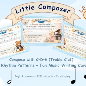May include: Three music writing cards labelled "Little Composer Level 1". The cards show musical notation, animal illustrations, and instructions for composing melodies using C, D, and E notes. The cards are designed for fun music writing.
