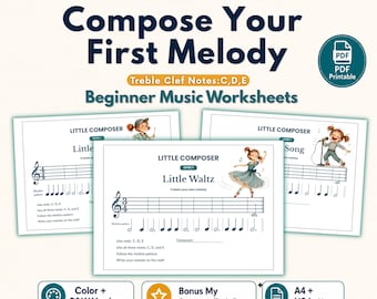 Può includere: Fogli di lavoro di musica per principianti intitolati "Compose Your First Melody" con note di chiave di violino C, D ed E. I fogli di lavoro presentano illustrazioni di bambini e notazione musicale. Include versioni a colori e B/N, pagine bonus e formati A4/US Letter.