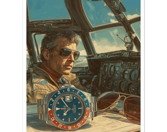 Lámina artística vintage del GMT Master Pilot / Póster de reloj de aviación