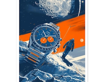 Póster vintage de Moonwatch / Lámina artística del alunizaje / Decoración de pared de aviación retro / Colección Edad de Oro