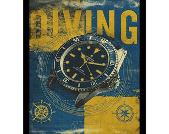 Póster de reloj de buceo vintage / Arte relojero / Colección Edad de Oro / Lámina de explorador oceánico