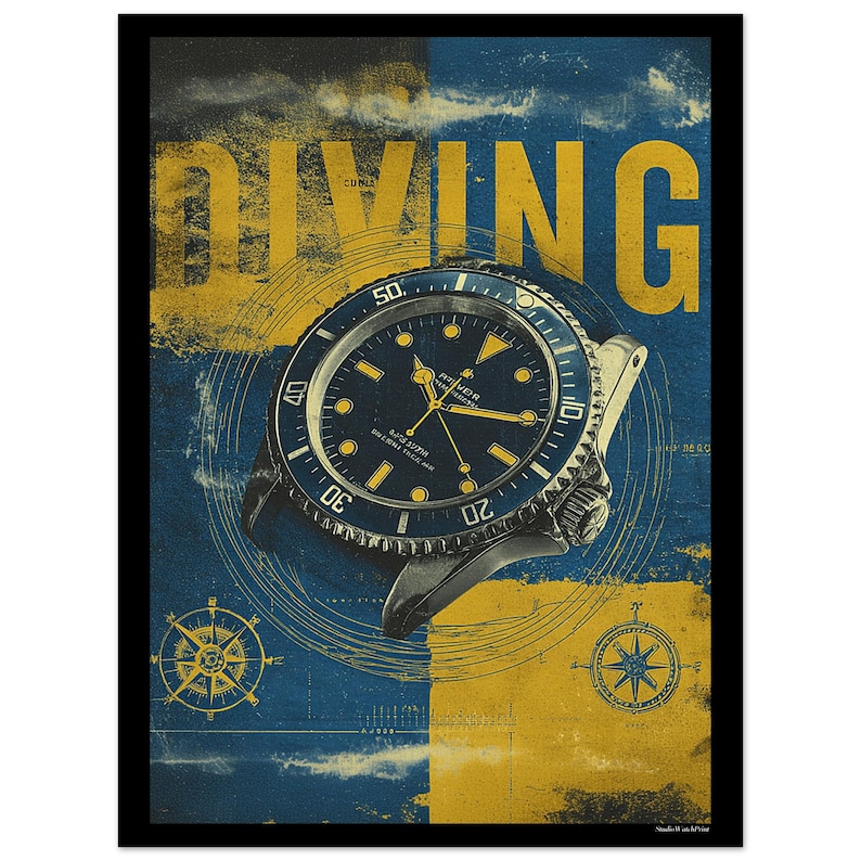 Vintage Diving Watch Poster Print | Horlogerie Art | Golden Age Collection | Ocean Explorer Print image 1