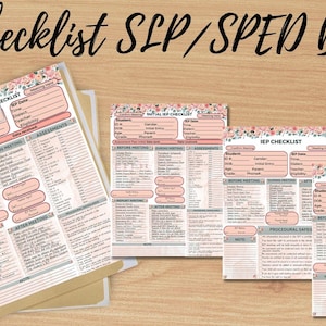 Może przedstawiać: Pakiet list kontrolnych IEP dla SLP/SPED, z różowymi i białymi wzorami z kwiatowymi obramowaniami, jest prezentowany na drewnianej powierzchni. Tekst "IEP Checklist" jest widoczny na listach kontrolnych. Widoczne są również słowa "Instant Download".