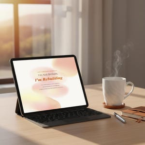 Puede incluir: Una tableta digital con funda de teclado muestra el texto "I'm Not Broken, I'm Rebuilding". Una taza blanca con vapor, un bolígrafo y un cuaderno están sobre una mesa de madera. La escena está iluminada por la luz del sol.