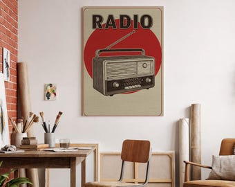 Tela com rádio retrô vintage, arte musical moderna de meados do século XX, decoração de áudio nostálgica e exclusiva, detalhes em vermelho estilo Dark Academia, presente clássico para amantes de eletrônicos.