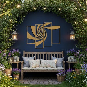 May include: A wooden bench with floral pillows sits in a garden setting. A navy blue wall displays a gold abstract art piece. Lanterns hang from the greenery, and potted flowers surround the bench, creating a cozy outdoor space.