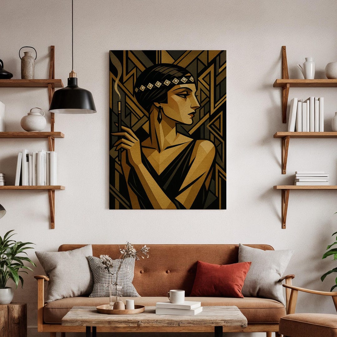 Art Deco Flapper Portrait Canvas Print, Geometric 1920s Jazz Age Art ...